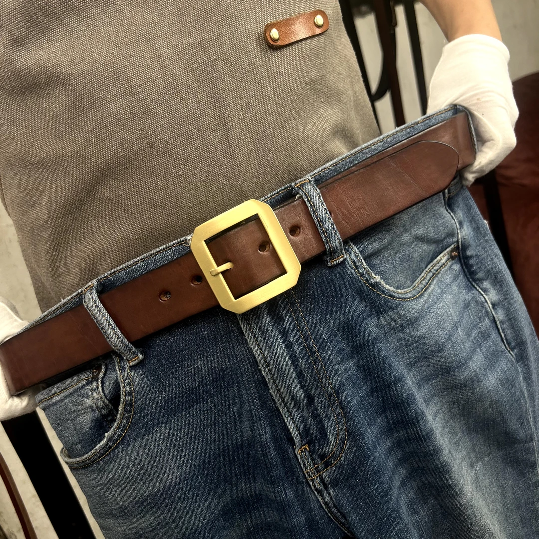 阿美咔叽复古水洗植糅牛皮手工腰带八角实心黄铜扣百搭时尚休闲