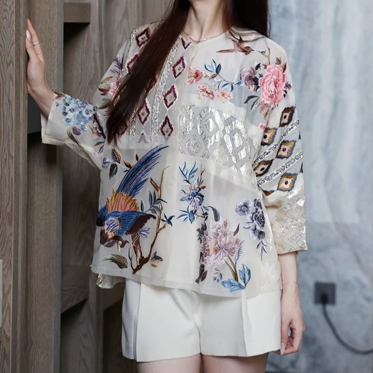 YongLeap柜品高货春夏新品奢华立体钉珠刺绣欧根纱拼色九分袖衬衣