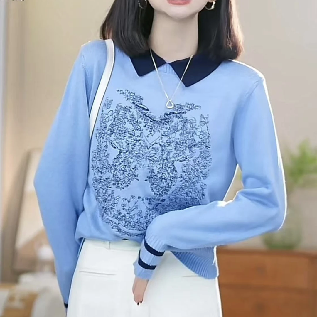 【蜕变精灵】冬装上新刺绣撞色拼接长袖套头毛针织衫翻领气质上衣