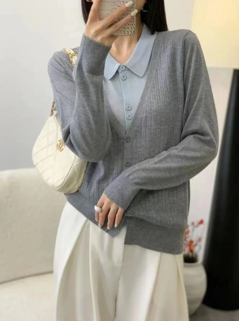 【翻领假两件】毛衣女款2024网红款入秋高级感假两件针织开衫衣服
