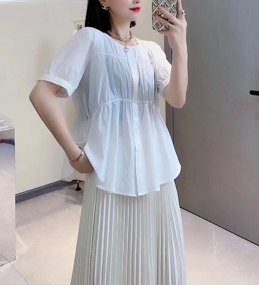 短袖衬衫抽绳收腰显瘦棉布衬衣设计感小众女装夏潮