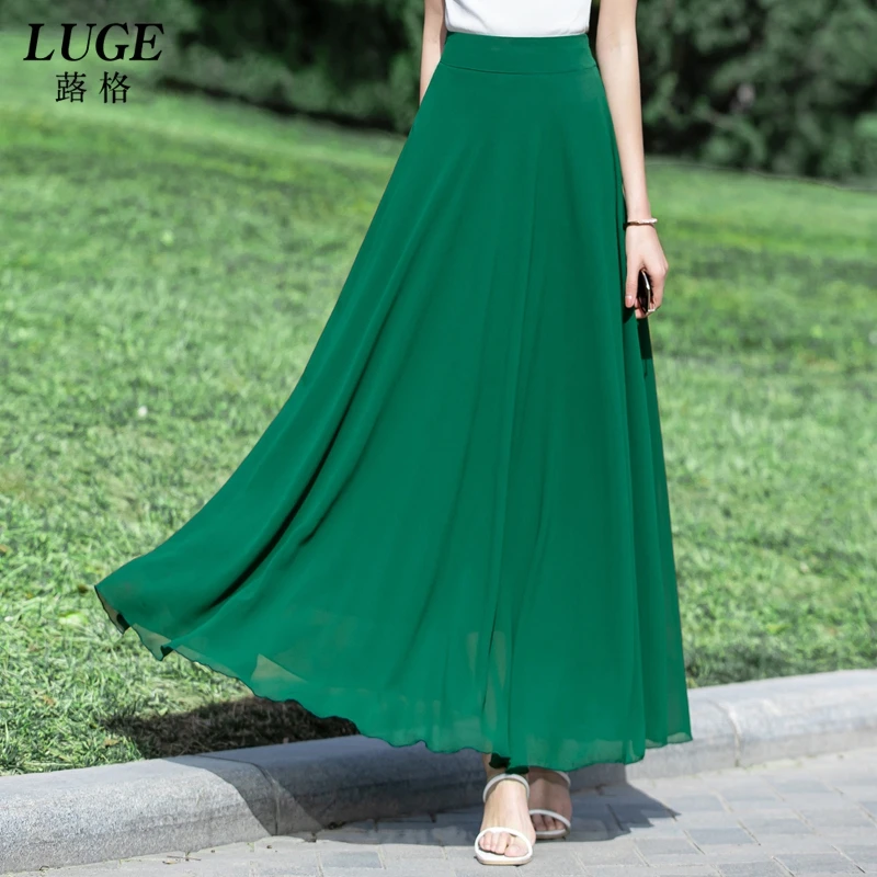 夏季新款雪纺显瘦垂感半身长裙高腰气质A字大码半身裙垂感半身裙