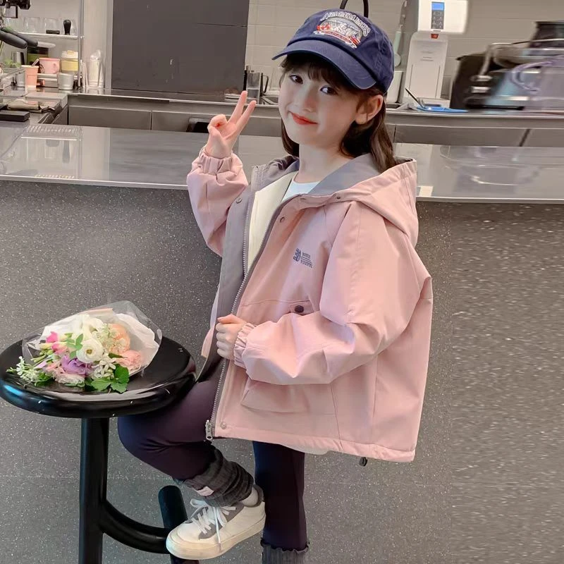 女童秋装外套2024新款儿童女孩秋冬季两面穿加绒加厚连帽字母上衣