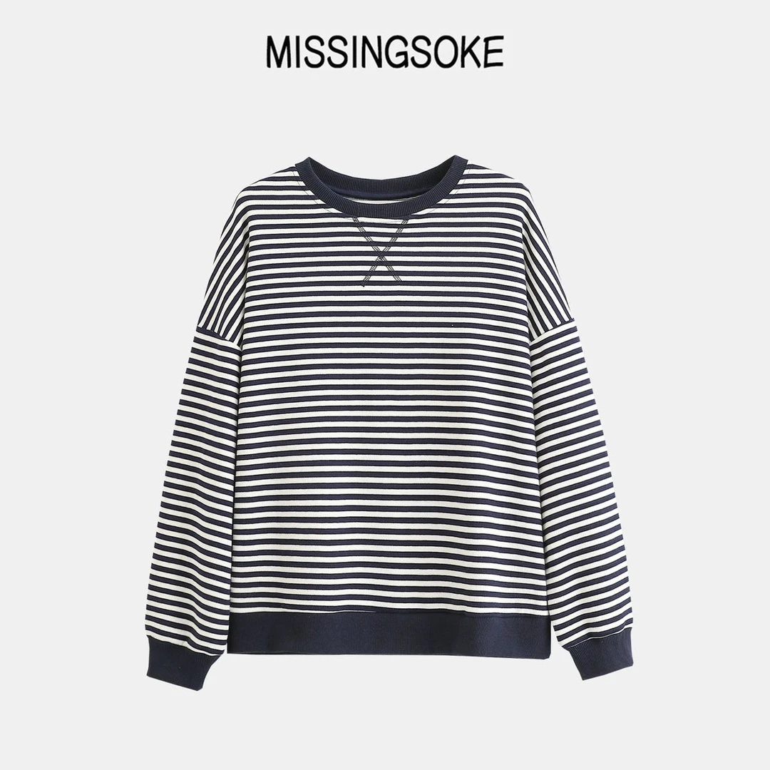 韩版秋季热卖减龄遮肉圆领补丁袖条纹上衣-2922