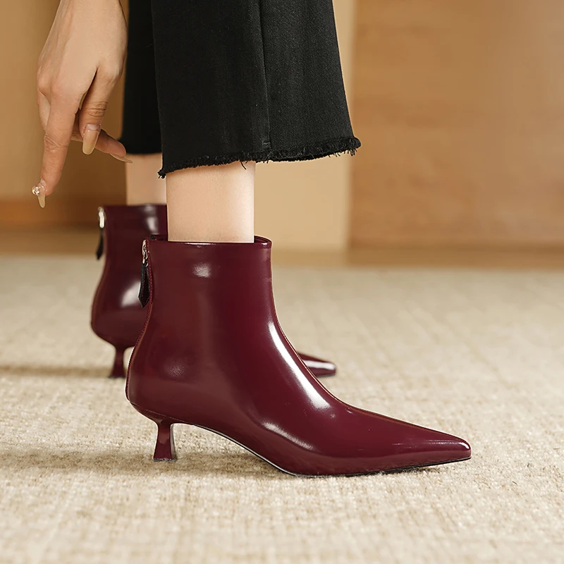 （跟高5cm）2024安哥拉红里外全真皮洋气小短靴百搭时尚8637