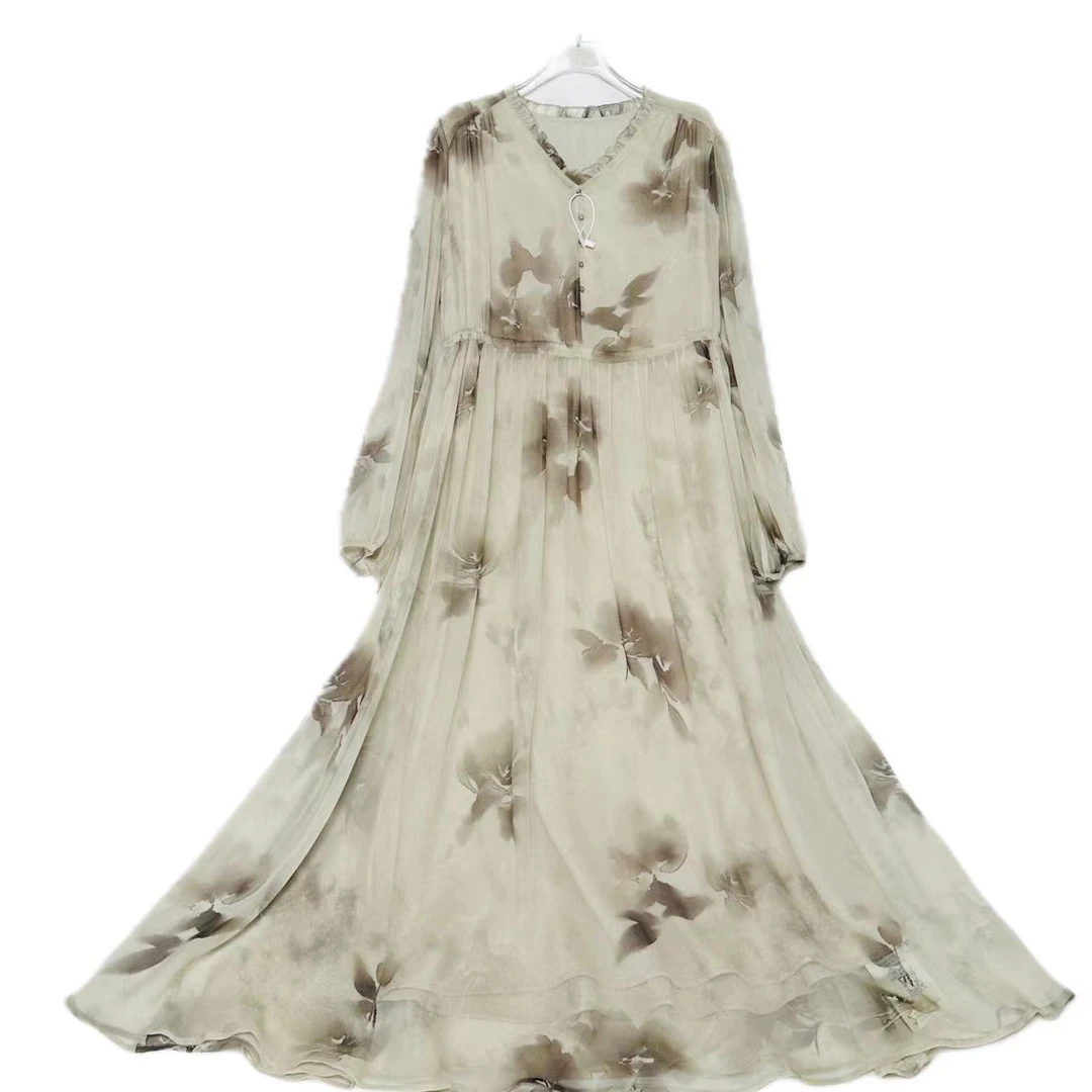 【水墨花-林姐真丝】手绘花色桑蚕丝连衣裙Y23Q9291