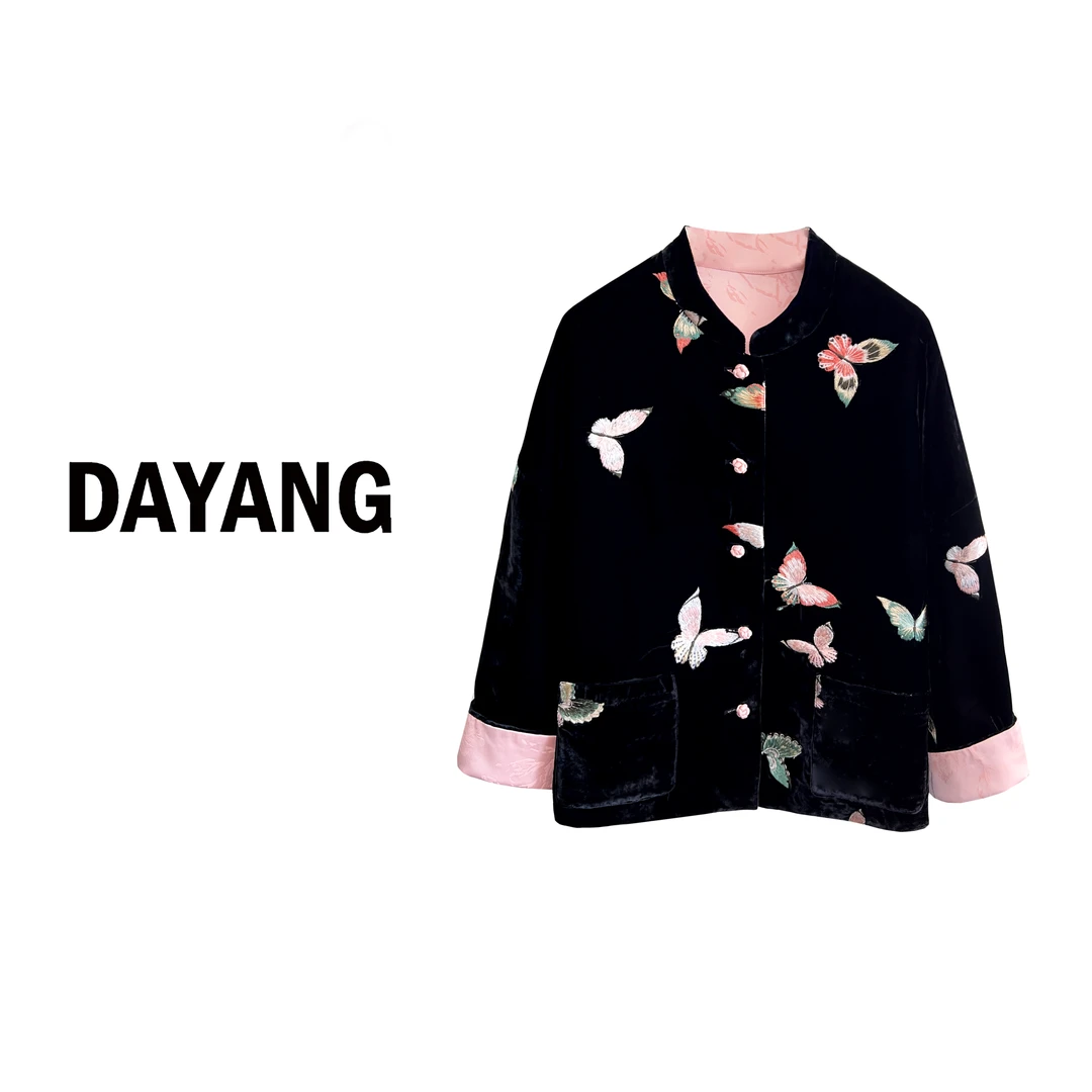 【DAYANG】黑色蝴蝶 新中式丝绒双面穿外套