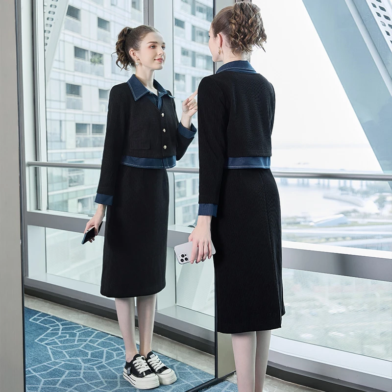 奢姿【C位出圈】大码女装气质翻领拼接两件套时尚套装9934991174