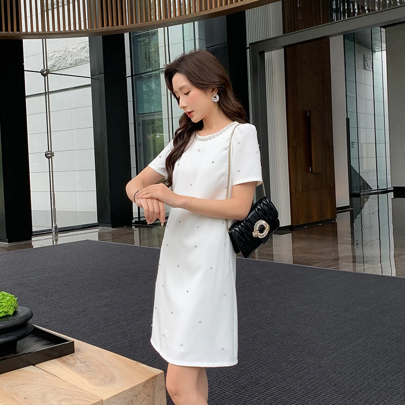 [奢姿轻奢系列]珠链圆领连衣裙大码女装夏季新款胖妹妹钉钻裙子