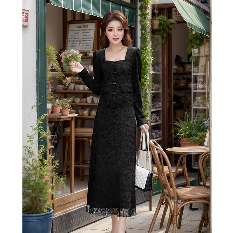 奢姿【流苏】2025年秋新款大码女装中国风盘扣裙子胖妹妹拼接连衣裙