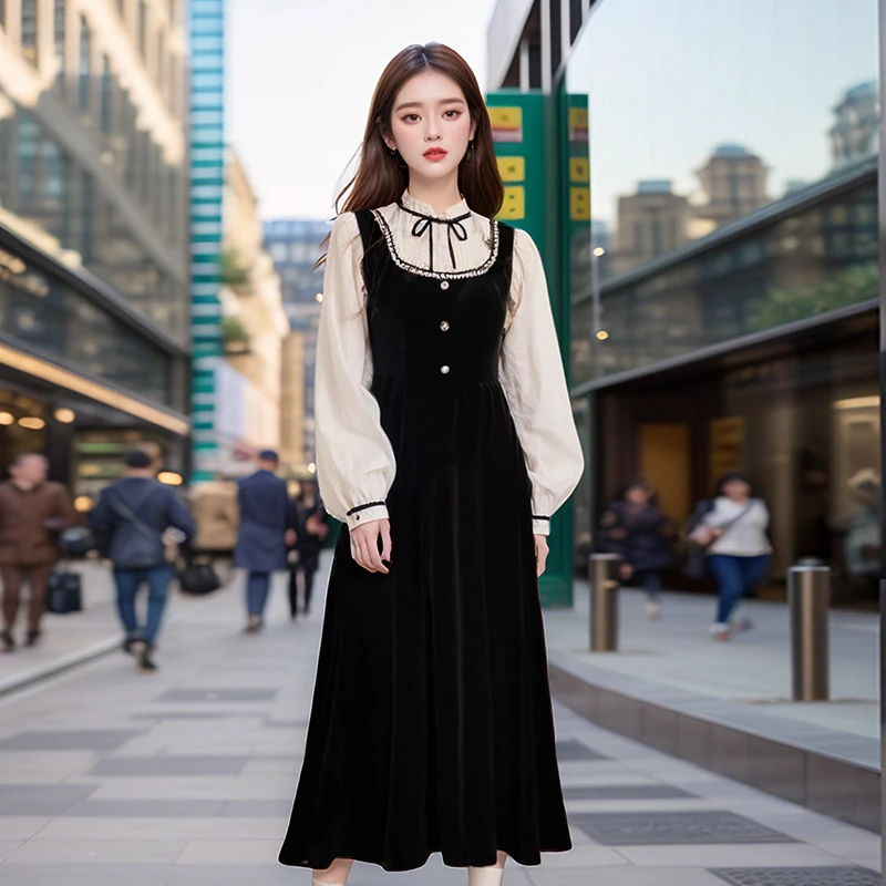 奢姿2025年秋季新款大码女装系带蝴蝶结裙子胖妹妹织带拼接连衣裙