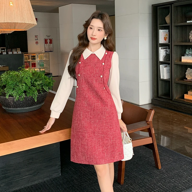 奢姿2025年秋季新款大码女装假两件气质裙子胖妹妹翻领拼接连衣裙