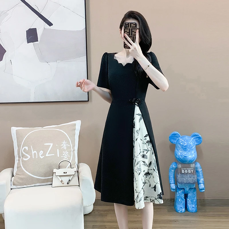 奢姿【松墨】大码名媛显瘦盘扣气质优雅时尚连衣裙9932866986针织