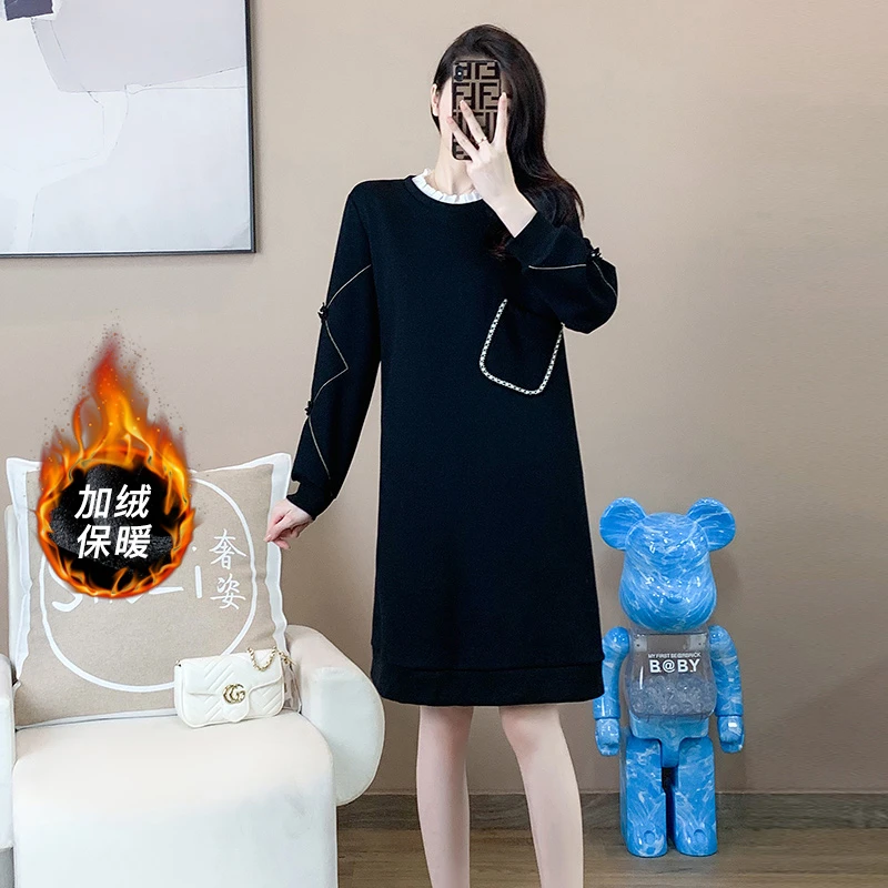奢姿【江北伊树】大码女装时尚减龄圆领胖妹妹连衣裙加绒休闲裙子