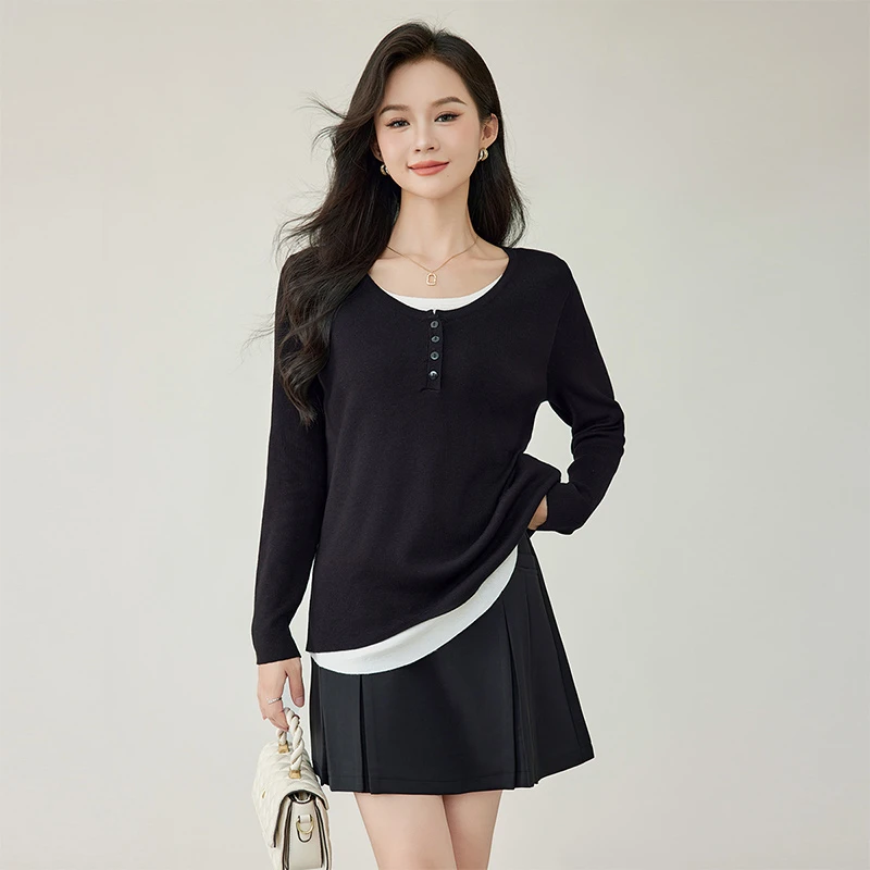 奢姿2025年秋季新款大码女装拼接圆领上衣胖妹妹休闲气质针织衫
