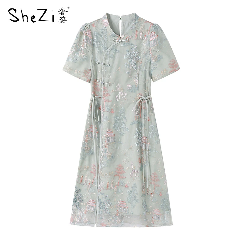 奢姿【上河图】大码旗袍新款复古绣花小立领妹妹时尚连衣裙