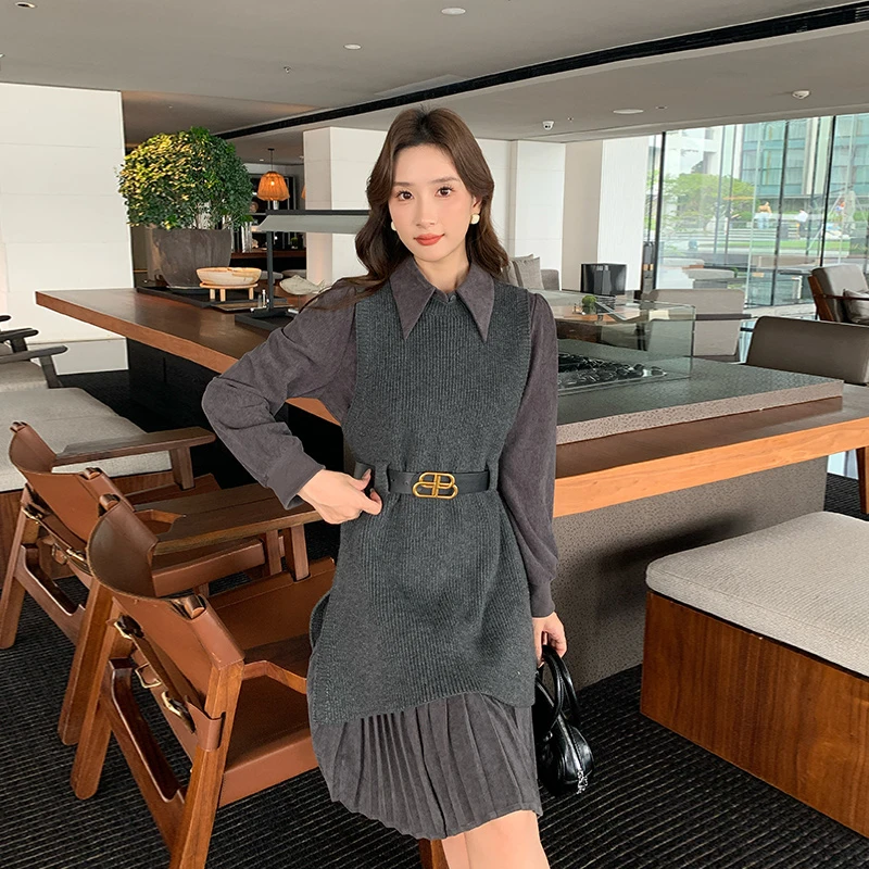 奢姿2025年秋冬新款大码女装背心连衣裙套装胖妹妹法式针织两件套