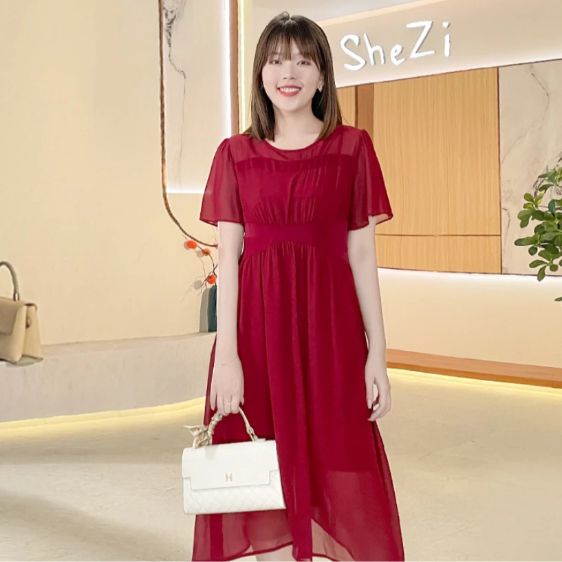 奢姿2024年夏装新款胖妹妹大码女装优雅气质连衣裙减龄圆领中长裙