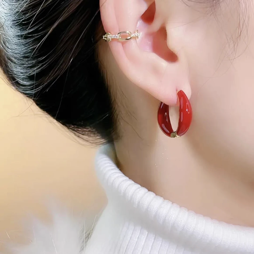 yingyan/赢颜 锌合金耳饰  Y317新年气质红色滴油百搭耳圈耳环