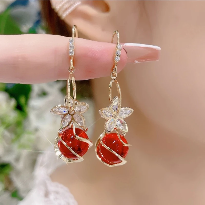 yingyan/赢颜 锌合金耳饰 Y368气质红色花开富贵精致优雅喵珠耳环