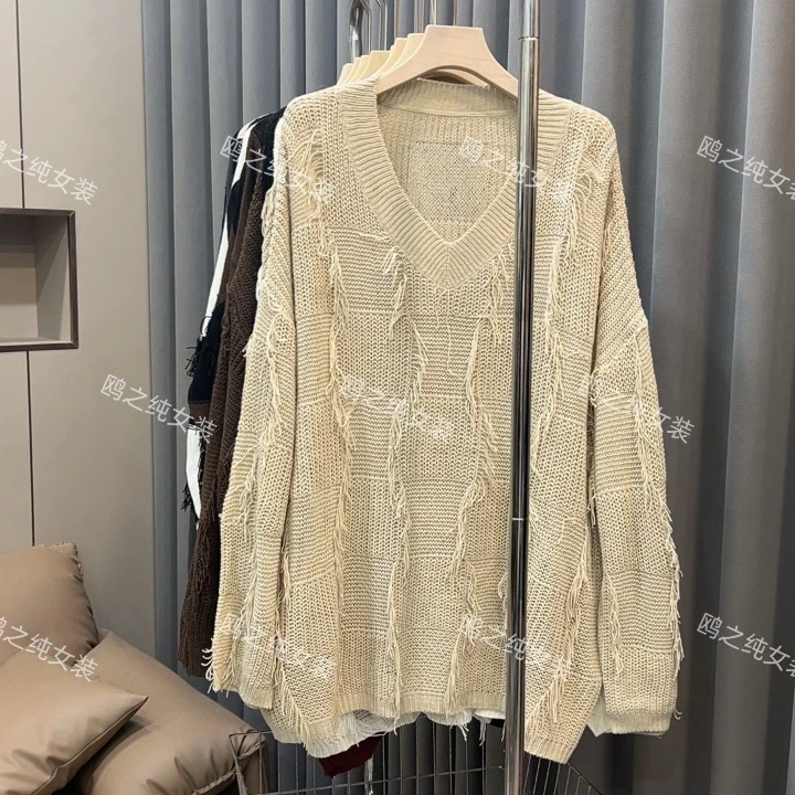 秋季上新格子镂空休闲慵懒风时尚拼接V领气质百搭纯色显瘦针织衫2