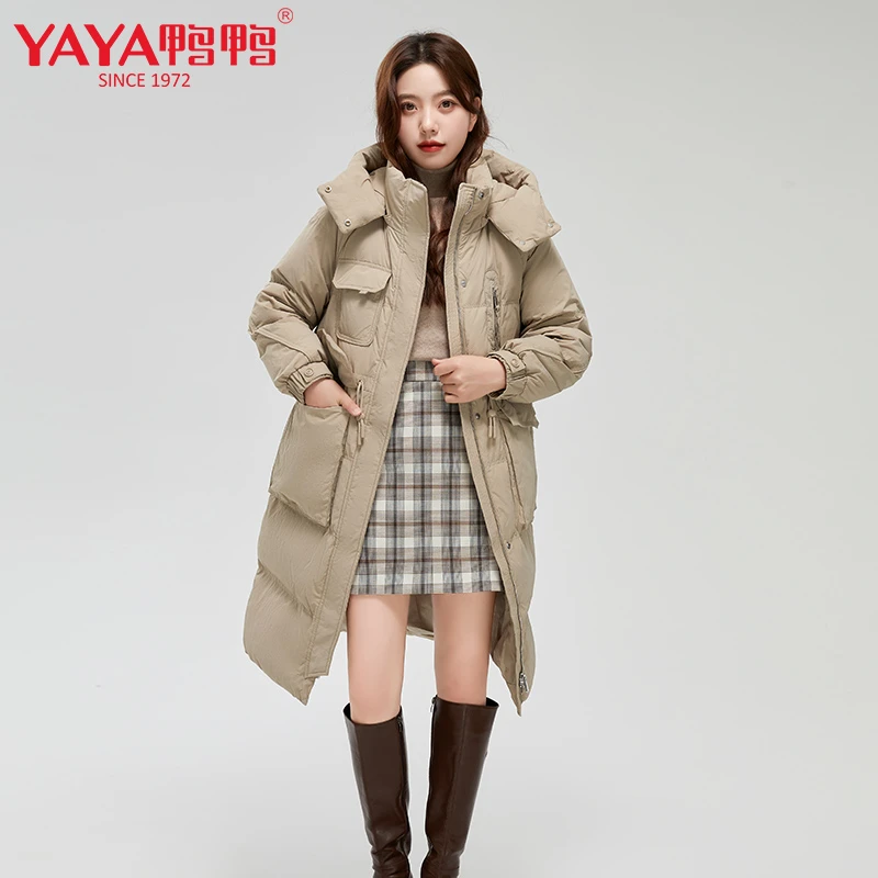 YAYA/鸭鸭2023新款中长款连帽羽绒服外套保暖冬季女士YE2B609033D
