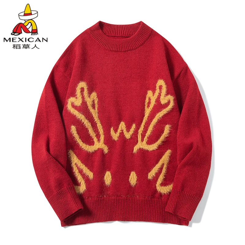 Mexican/稻草人针织衫圆领毛衣秋冬国潮龙年本命年红色宽松情侣款