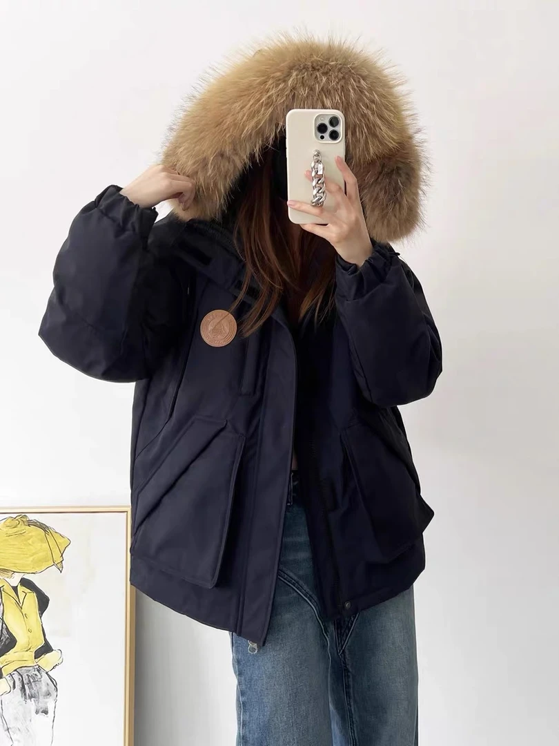 2024冬季工装派克连帽韩系大毛领加厚抗风白鸭绒女款羽绒服外套