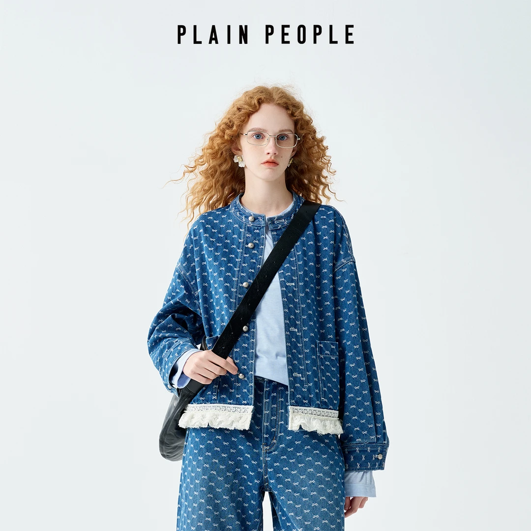 PLAIN PEOPL复古蝴蝶结提花蕾丝花边拼接牛仔短外套女2025秋新款