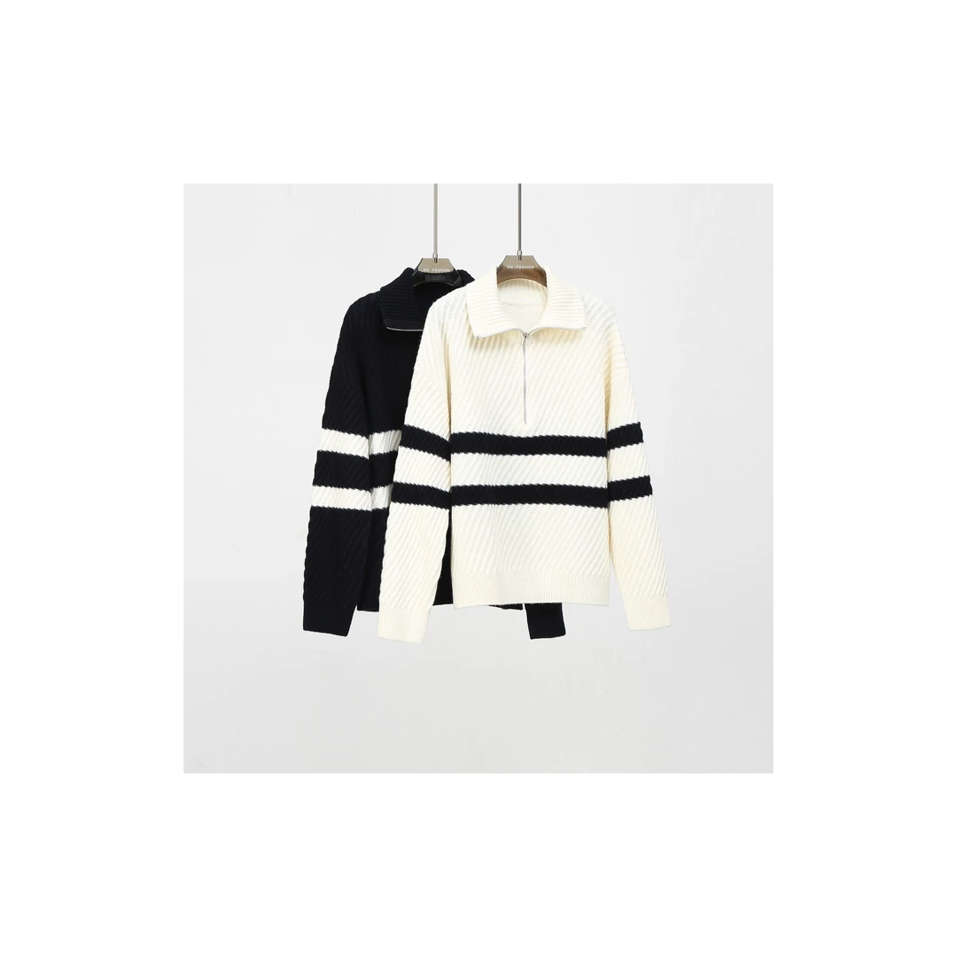 【DAXIU轻奢】秋冬纯色衬衫领条纹针织衫-273-5320