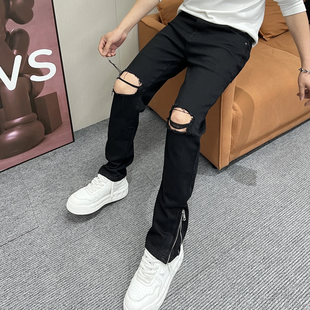 夏季新款潮流个性流苏破洞美式高街裤脚拉链痞帅休闲高弹男牛仔裤