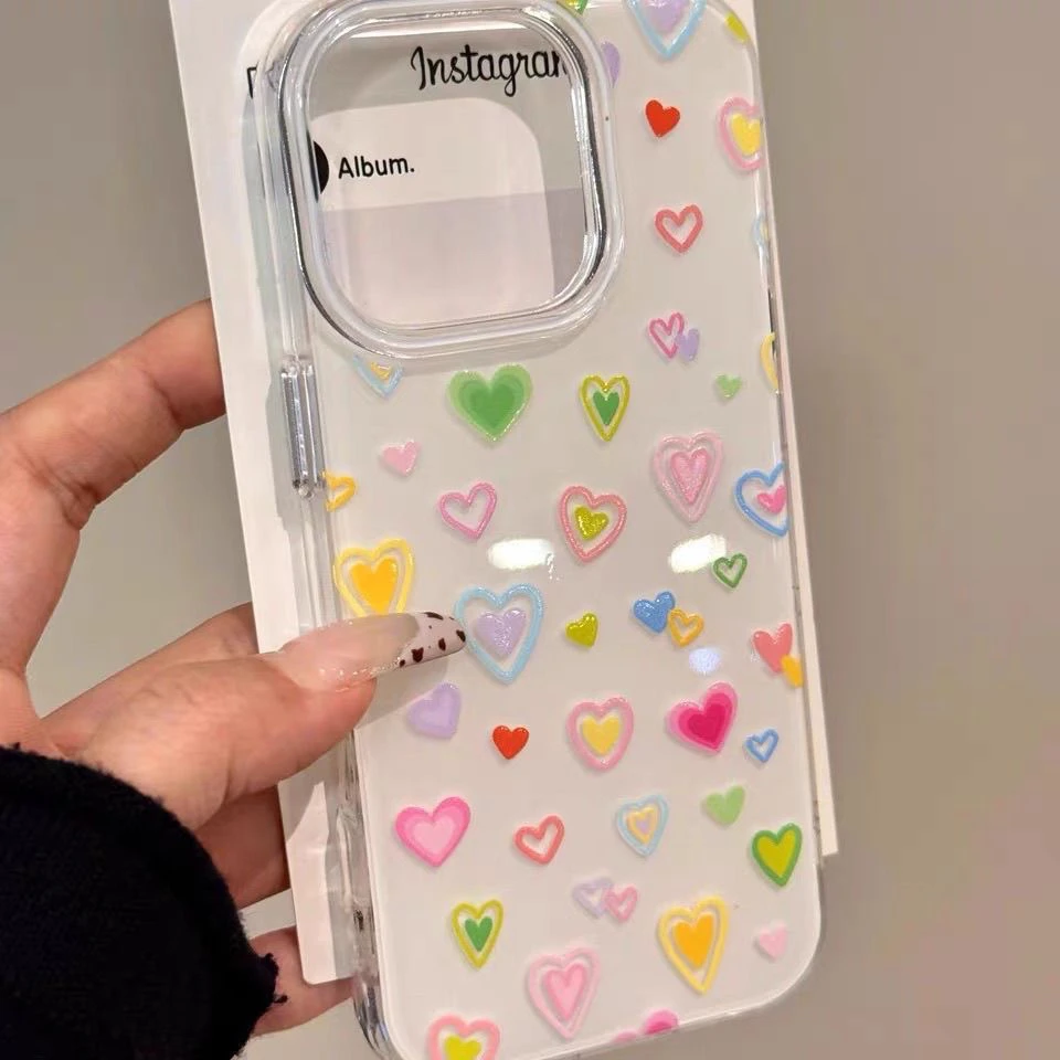 创意白底满屏晕染爱心苹果16手机壳双层果冻iPhone13/14/15潮款女