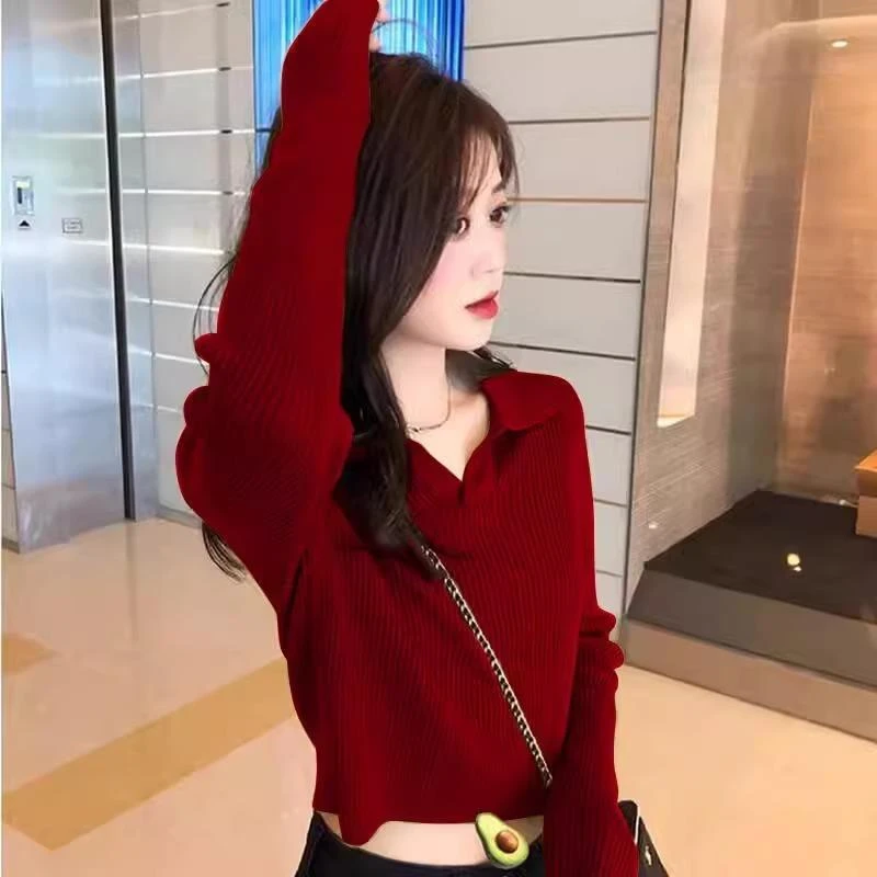 新年安可拉红POLO领打底针织衫女秋冬内搭可外穿毛衣V领短款上衣