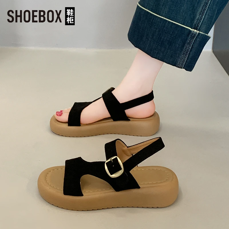 SHOEBOX鞋柜2025新款夏季外穿配裙子软底踩屎感厚底罗马凉鞋女