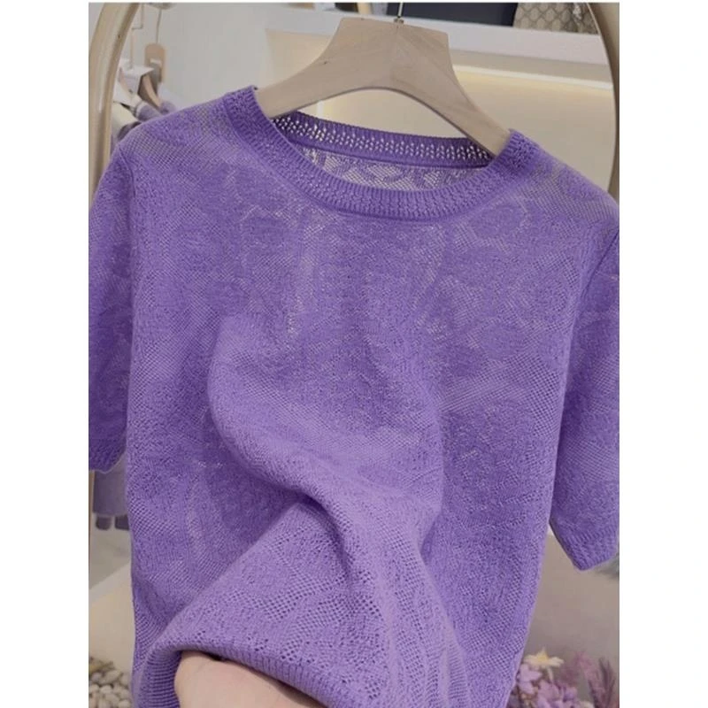 新中式时尚夏季针织冰丝短袖t恤镂空打底衫女士紫色国风圆领上衣