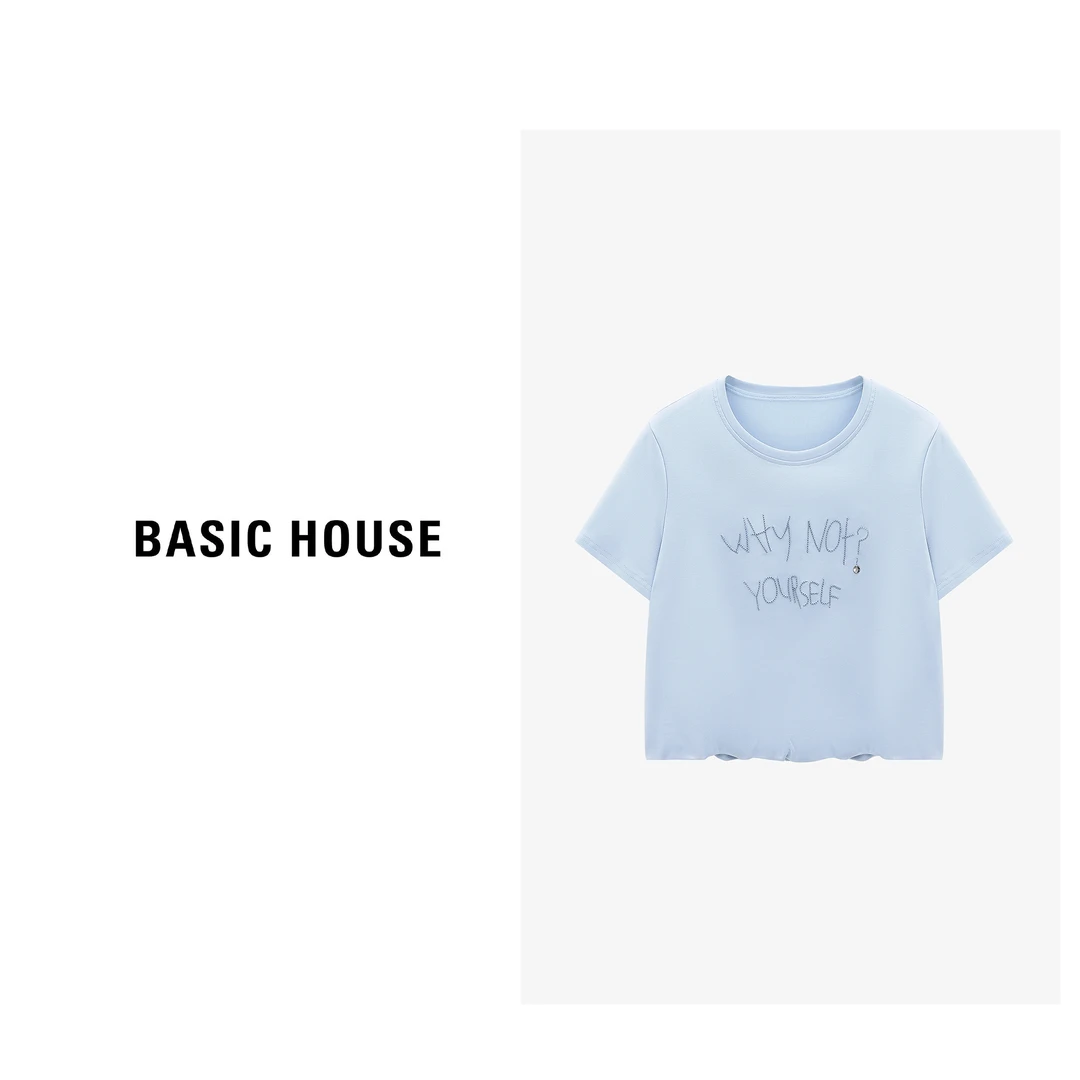 Basic House/百家好牛仔蓝色时尚休闲夏季印花T恤-B0625H5T992