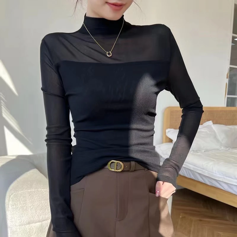 长袖网纱拼接打底衫女2025春秋新款半高领t恤修身显瘦洋气小衫