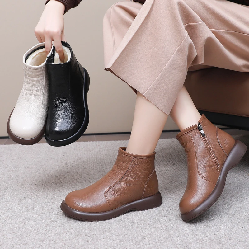 头层牛皮新款低跟马丁靴休闲女棉鞋真皮靴子女短靴圆头羊毛妈妈