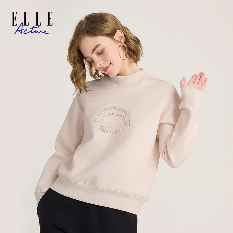 ELLE Active【立体绣花】秋季卫衣休闲时尚百搭半高领宽松长袖上衣