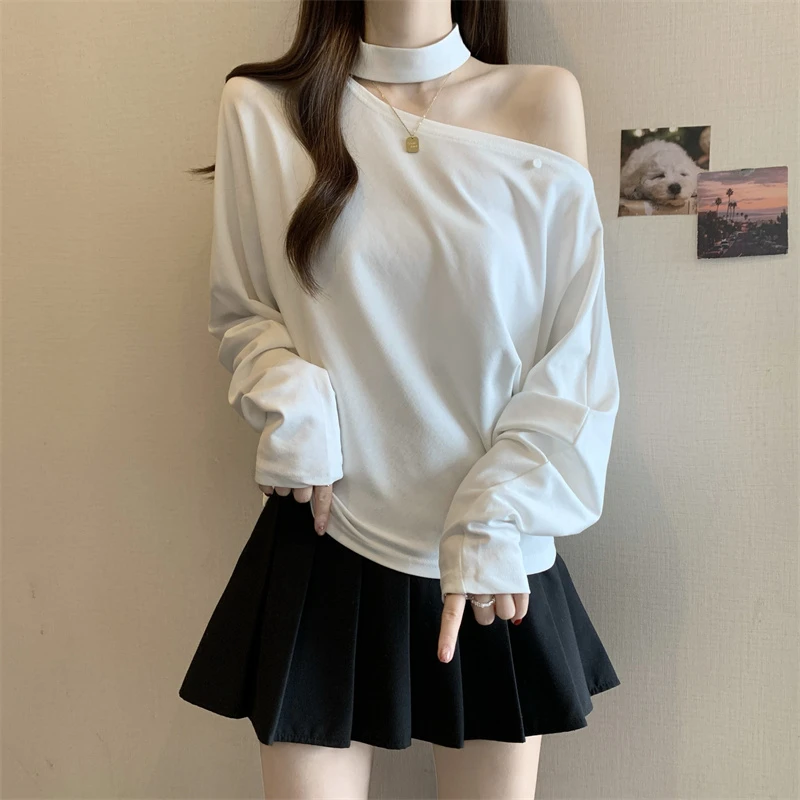 大码设计感小心机挂脖露肩长袖T恤女秋季胖mm不规则显瘦内搭上衣