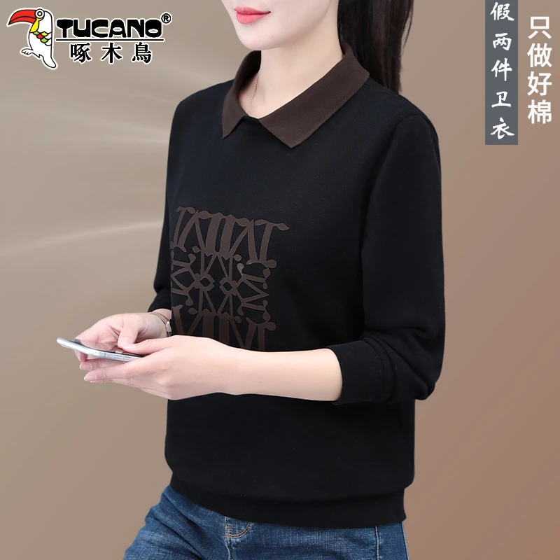 啄木鸟翻领卫衣女款新款春秋洋气时髦中年妈妈宽松正肩上衣