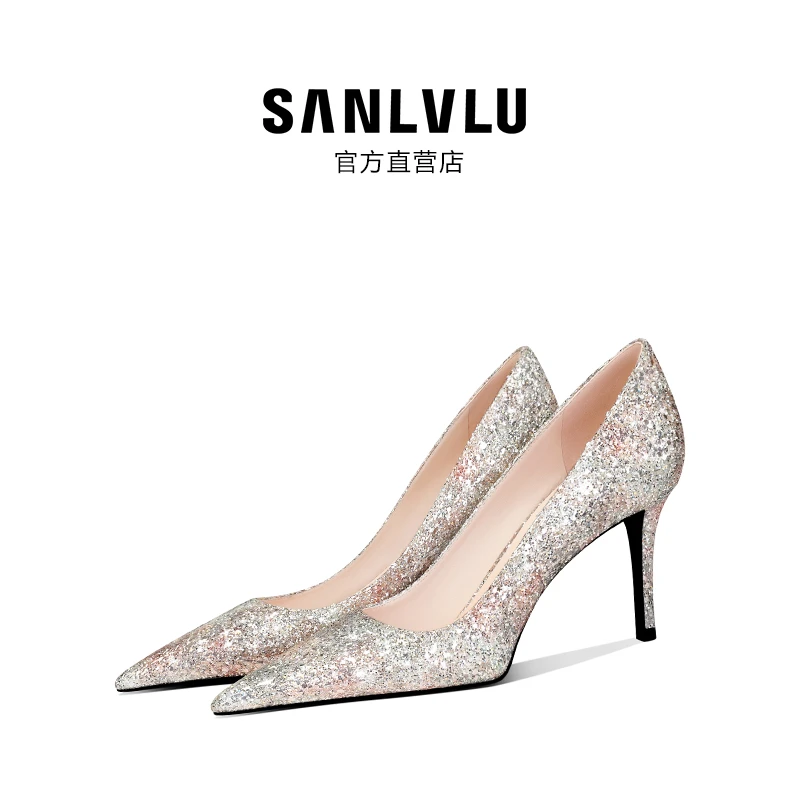 SANLVLU北海 仪式感仙女鞋幻彩金色水晶鞋法式细跟订婚鞋高跟鞋