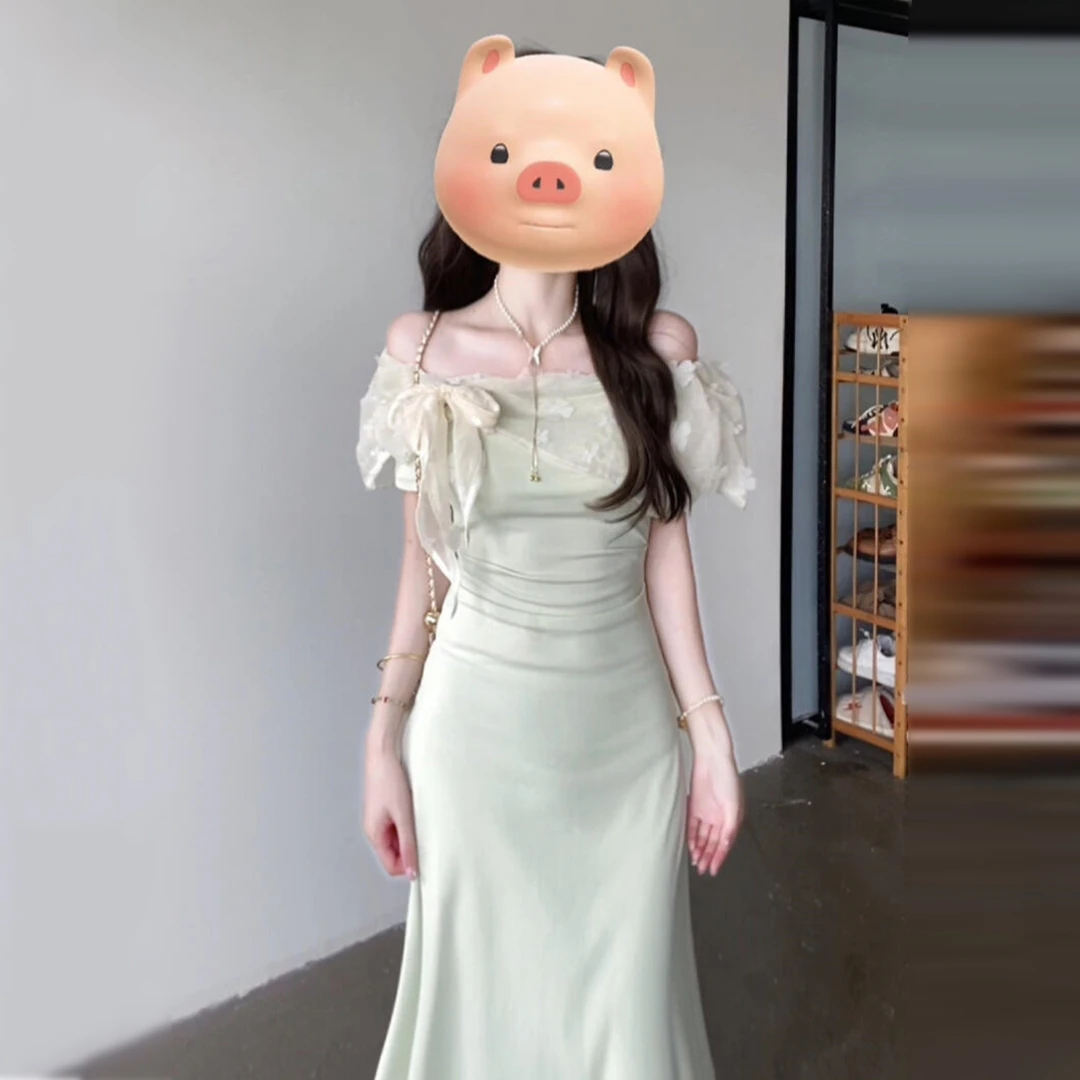 法式一字肩绿色露肩连衣裙子女夏季2025新款旅游穿搭蕾丝短袖长裙