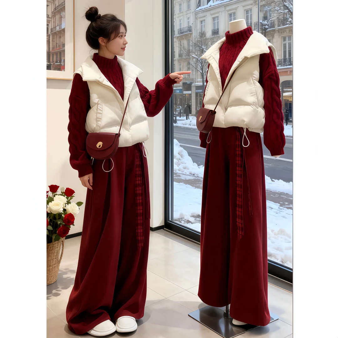SHALLDOER【暖焰廓形】红色套装女士2025棉服针织上衣阔腿裤三件套