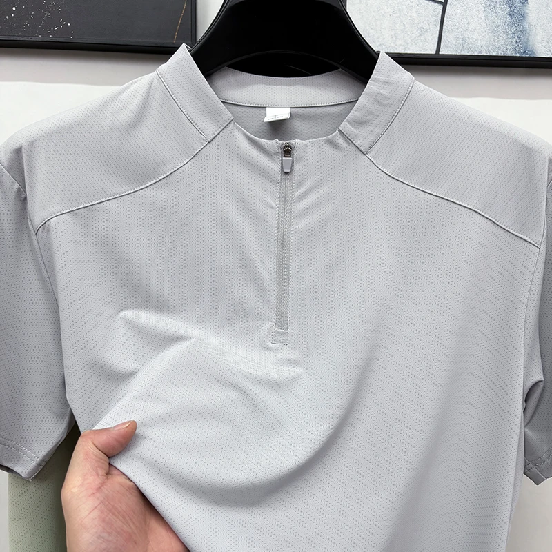 CATIA SELI夏季薄款轻户外运动短袖t恤男士半拉链立领速干打底衫