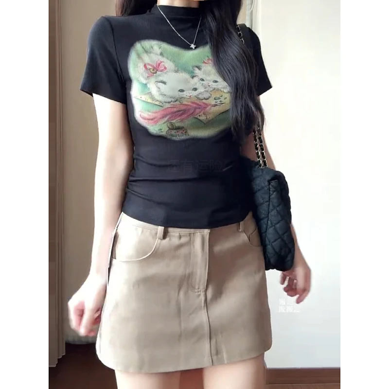 大码美式辣妹猫咪印花正肩短袖t恤女夏季胖mm遮肉巨显瘦百搭上衣