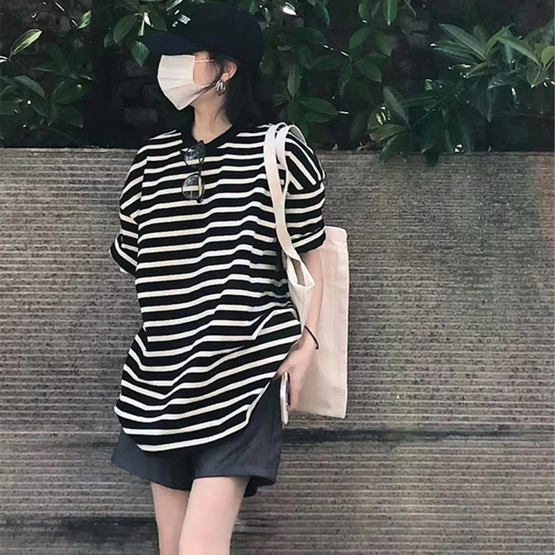 T恤短袖打底宽松型条纹2025百搭ins时尚半袖大码中长款小众女装