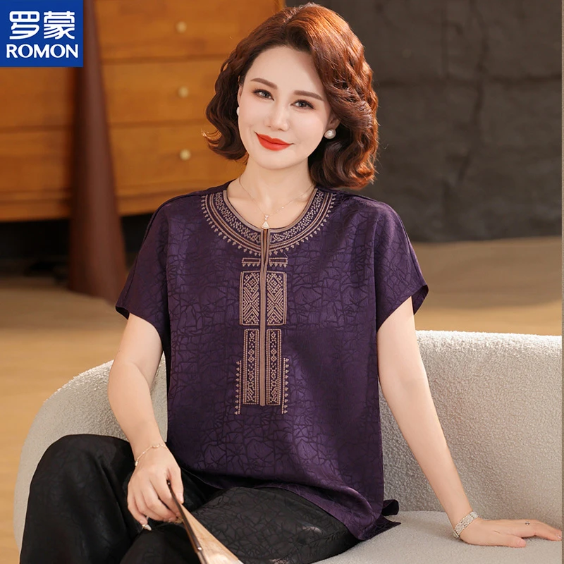 罗蒙中老年人夏装套装女奶奶短袖小衫妈妈夏季洋气上衣服两件套