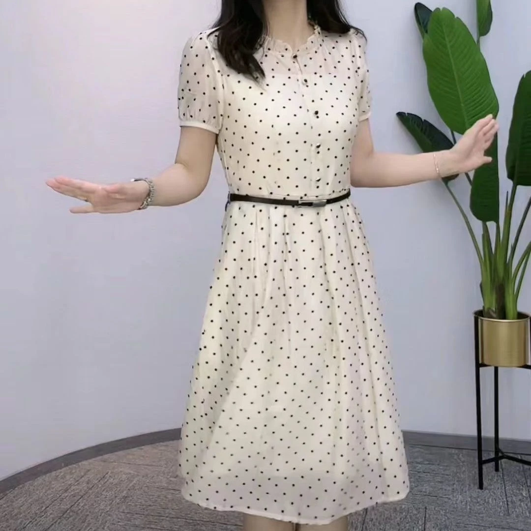 高端气质显瘦连衣裙短袖2022夏季波点裙新款宽松遮肉减龄中长款裙