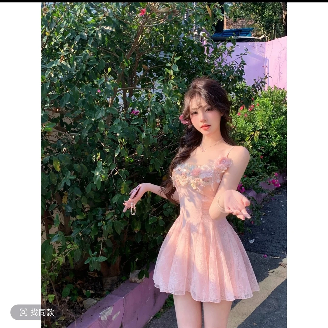 法式粉色花朵吊带连衣裙女夏季辣妹海边度假绝美修身网纱蓬蓬裙子